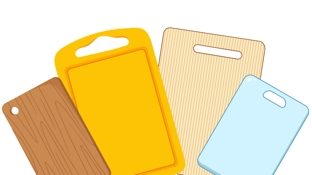 Zeichnung von vier unterschiedlich großen Schneidebrettern aus Holz, Plastik, Bambus und Glas.