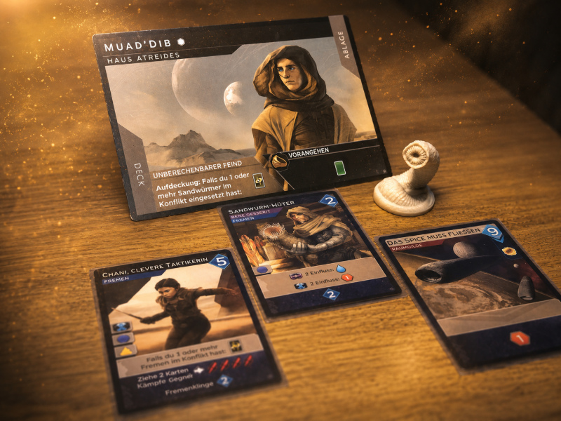 Spielmaterial des Spiels Dune Imperium auf einem Tisch.