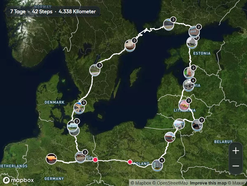 Route der siebentägigen Busreise rund um die Ostsee mit 42 Stationen.