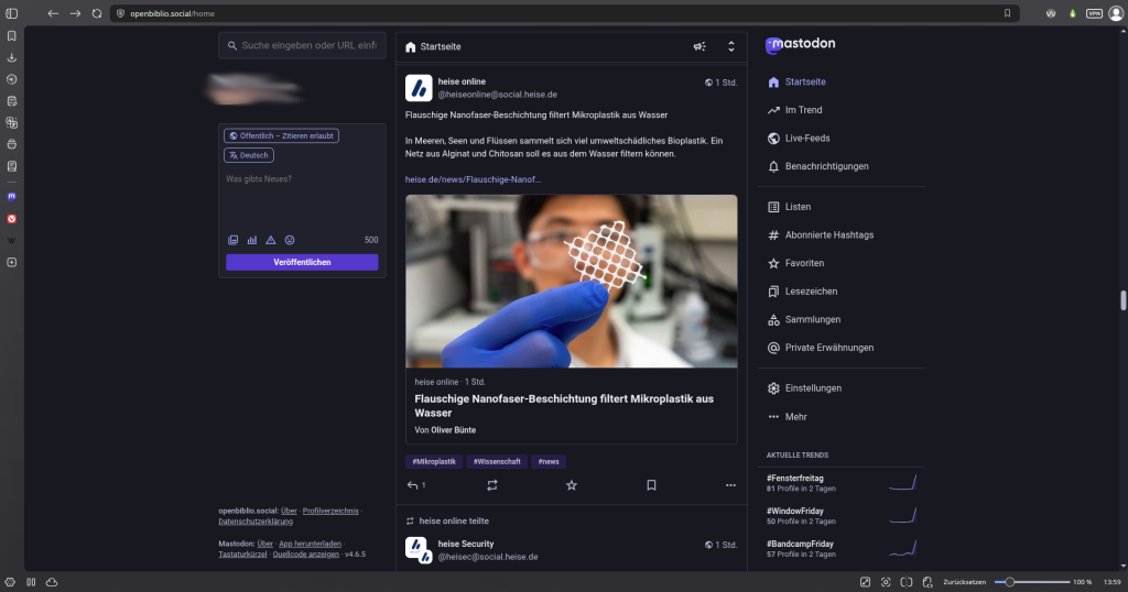 Startseite der Plattform "Mastodon" auf der Instanz openbiblio.social