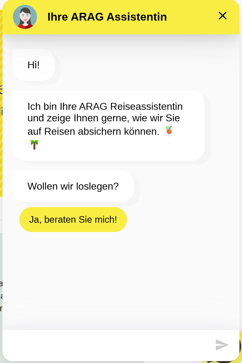 Abbildung zeigt Chatverlauf der ARAG Reiseassistenten 