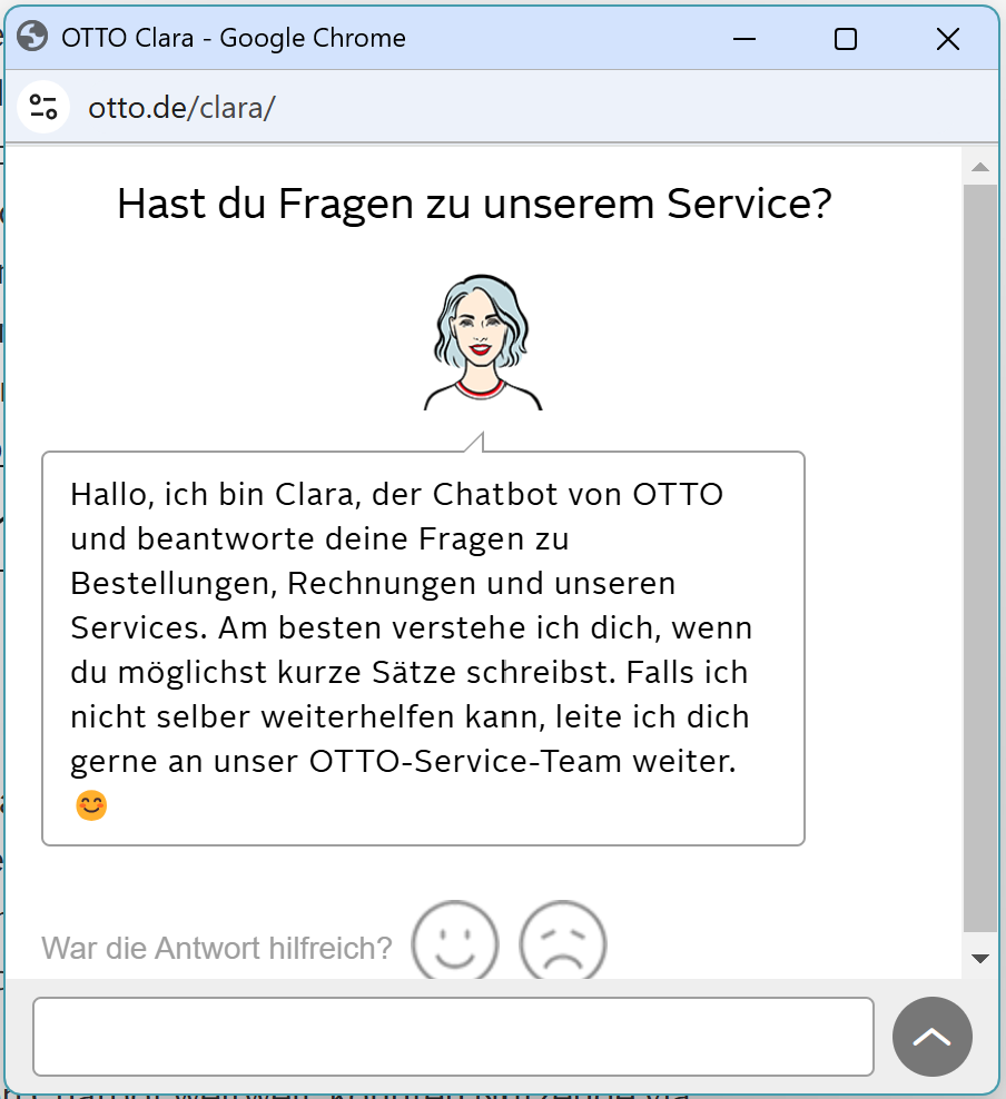 Abbildung zeigt Chatverlauf des des Chatbots Clara des Versandhändlers OTTO 