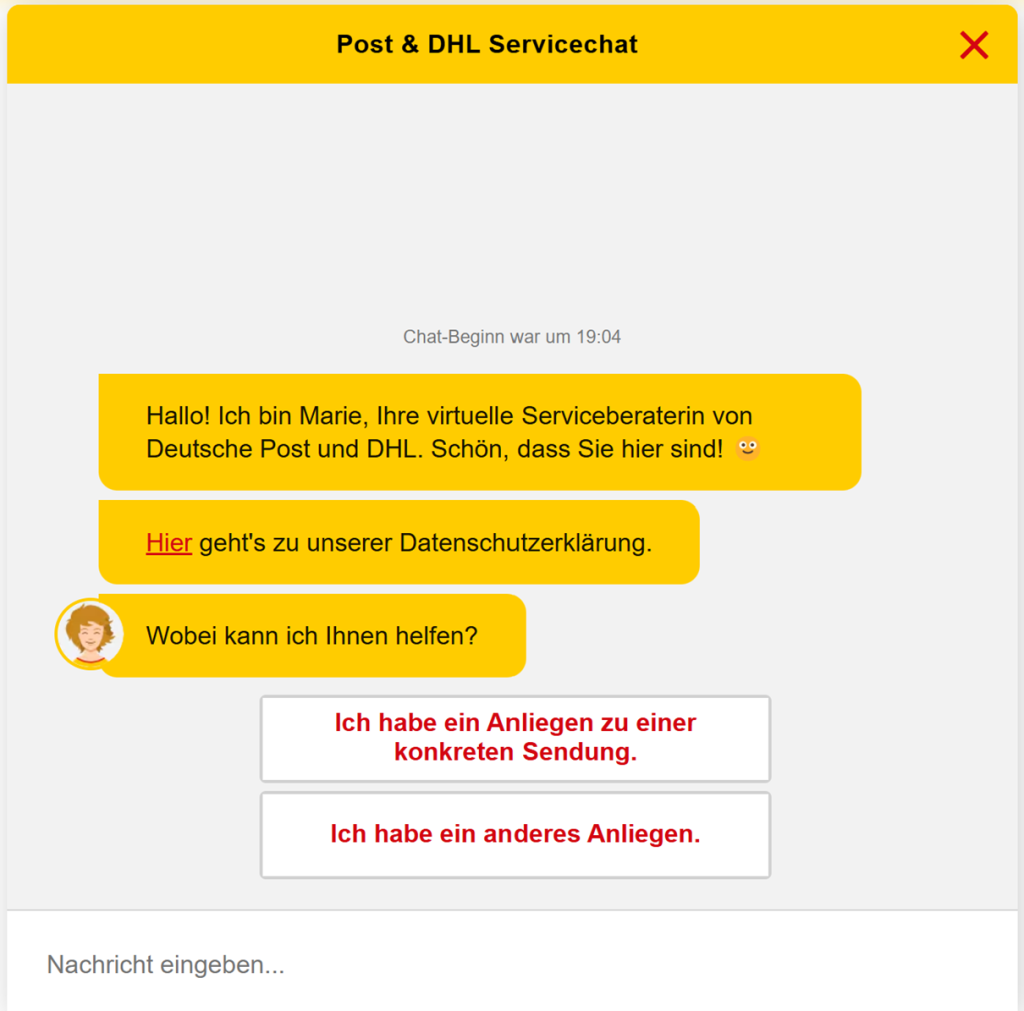 Abbildung zeigt Chatverlauf des Post & DHL Servicechatbots Marie 