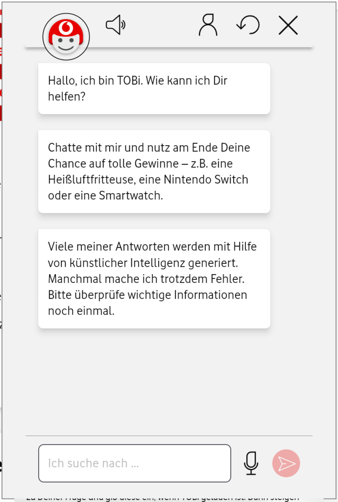 Abbildung zeigt Chatverlauf des Chatbots TOBi des Unternehmens Vodafone 