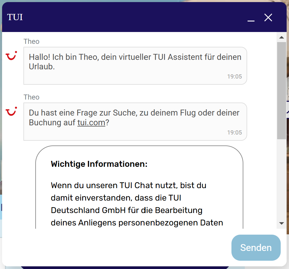 Abbildung zeigt Chatverlauf des Chatbots Theo des Reiseunternehmens TUI