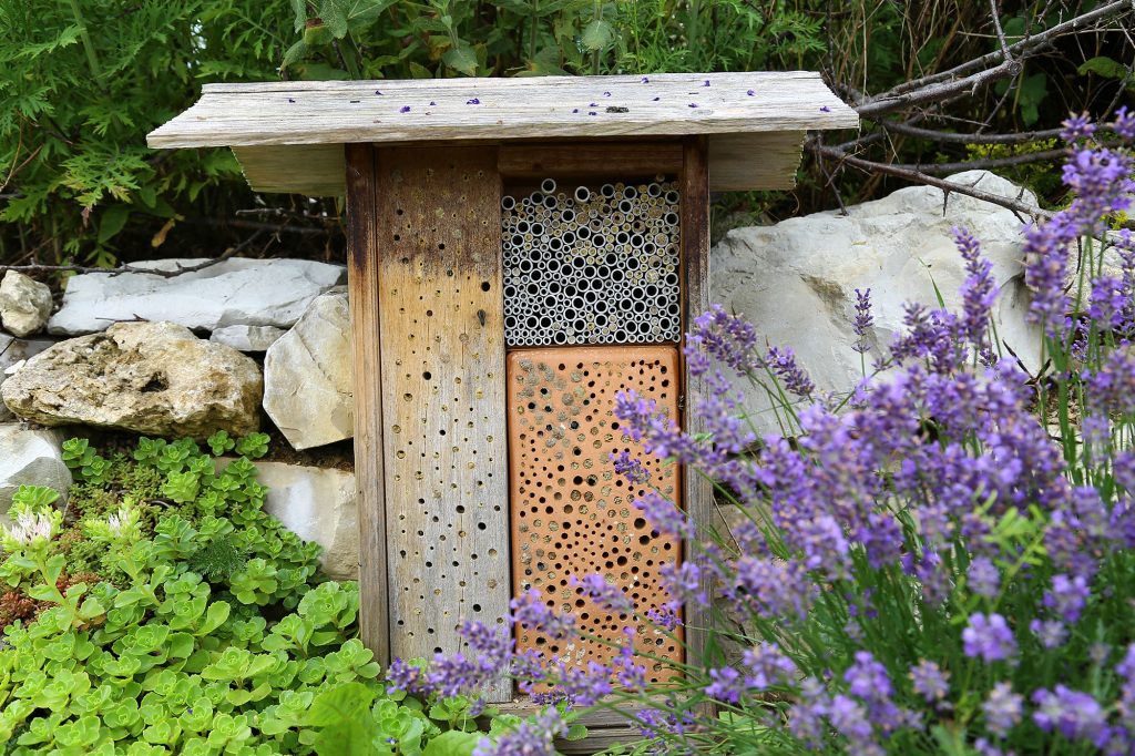 Auf dem Bild ist ein Insektenhotel abgebildet, dass den Kriterien für sinnvollen Insektenhotels entspricht. Das Hotel ist mit einem Bienenstein, Bambusrohren und einem Holzbalken gefüllt.