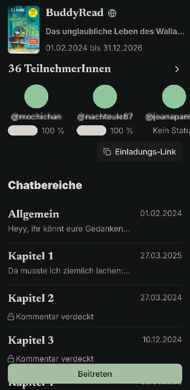 Bereich BuddyReads in READO-App, gezeigt werden Buchtitel, Lesezeitraum, Teilnehmer:innen mit Lesefortschritt und den auf die Kapitel aufgeteilten Kommentarbereich 