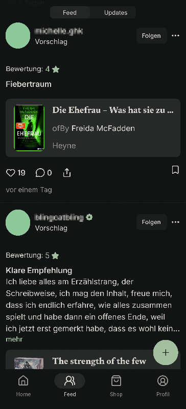 Bereich Feed in READO-App, gezeigt werden Beiträge anderer Nutzer:innen