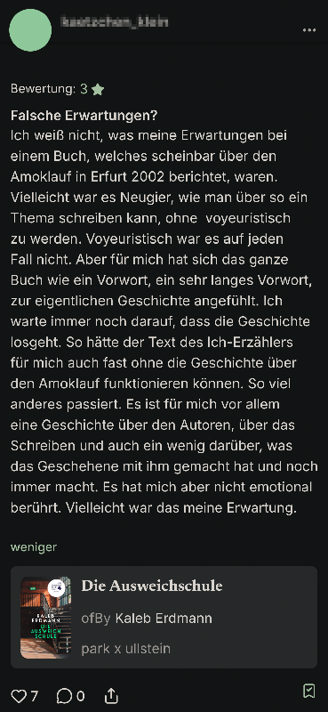 Beitrag zu einem Buch in READO-App, gezeigt wird Beitrags-Ersteller:in, die Sternebewertung und der Rezensionstext