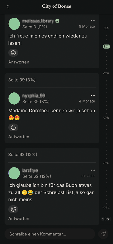 Bereich SozialReads in READO-App, gezeigt werden Kommentare von Leser:innen mit Angabe der Seitenzahlen