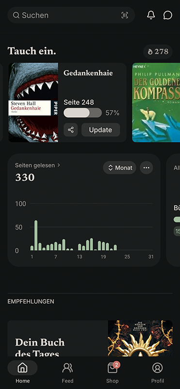 READO-App-Homescreen – Auszug mit aktuellen Lesetiteln, Statistiken und Leseempfehlung